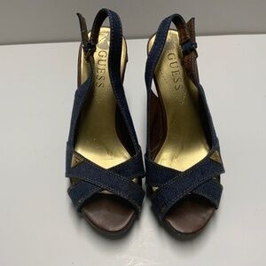 Guess Denim Blue Crisscross Wedge Sandals